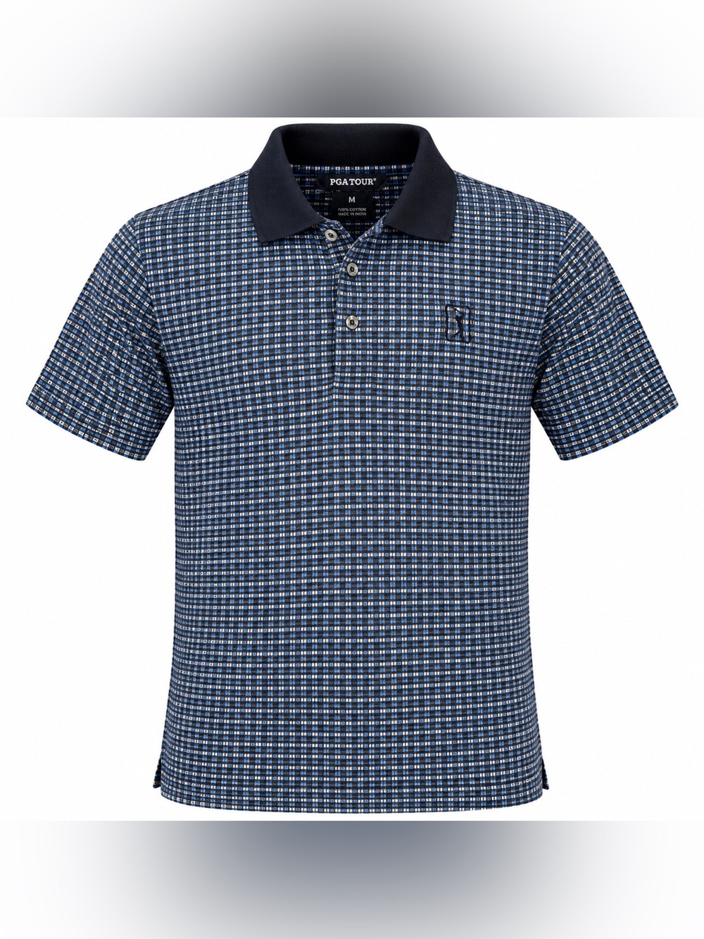 PGA TOUR Navy and Light Blue Micro-Check Short-Sleeve Polo
